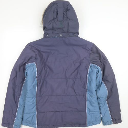 Peter Storm Womens Blue L Hooded Puffer Jacket Faux Fur Trim