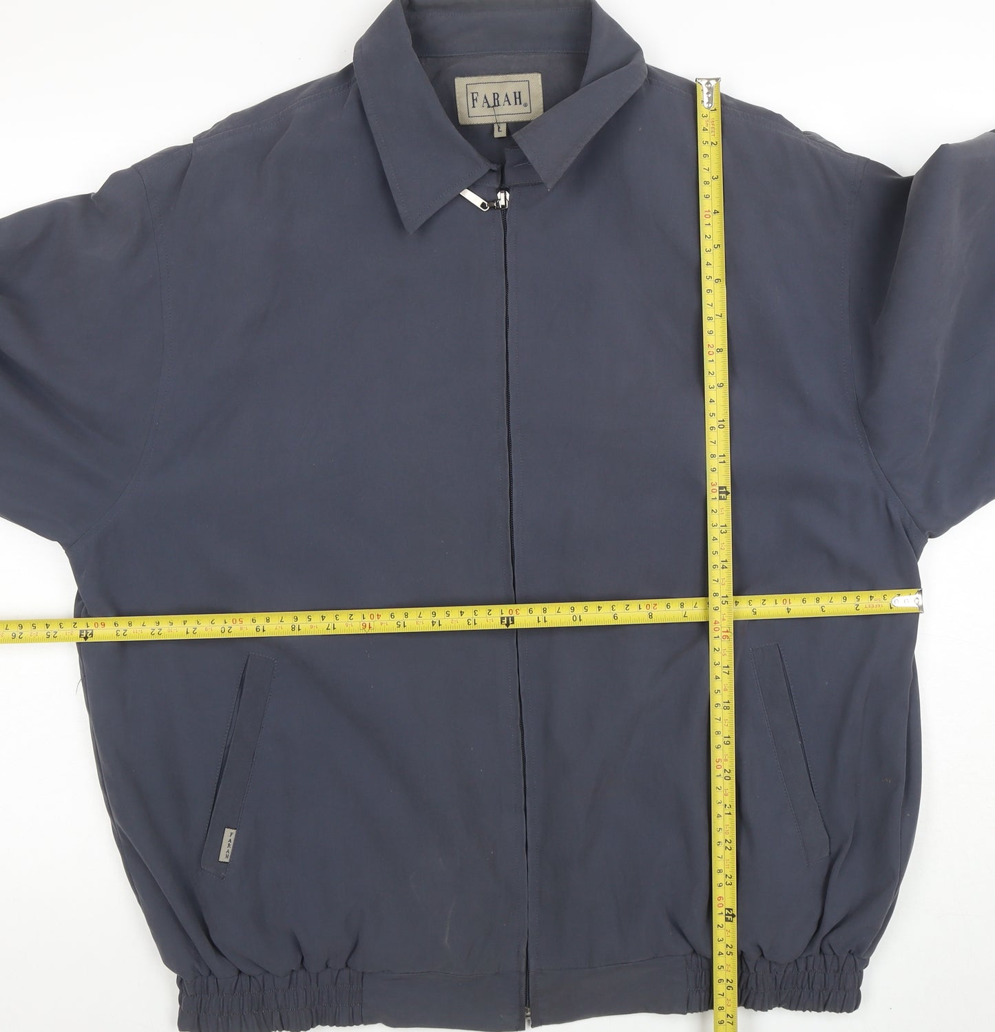 Farah Men's Blue Bomber Jacket L Zip Pockets Casual Elastic Waist
