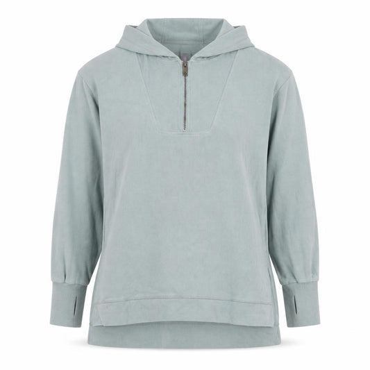 Front view of Sweaty Betty women’s blue hooded 1/2 zip pullover hoodie xs cotton blend