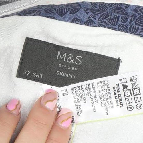 Marks and Spencer Men's Grey Check Skinny Fit Trousers 32 Short