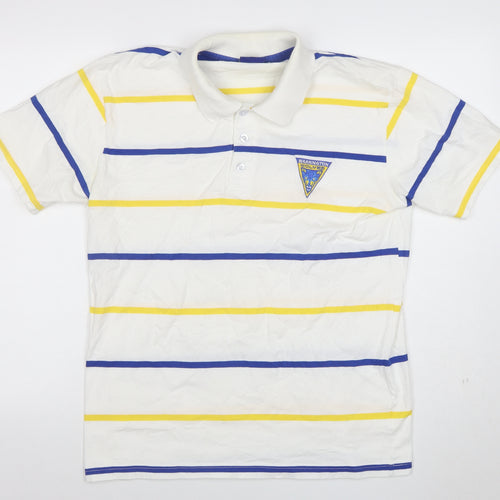 100% Wolves Men's White Striped Rugby Polo Shirt L Cotton Short Sleeve