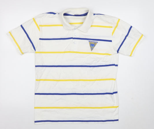 100% Wolves Men's White Striped Rugby Polo Shirt L Cotton Short Sleeve