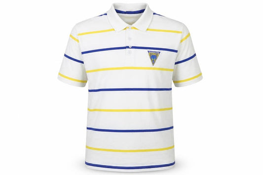 Front view of 100% Wolves Men's White Striped Rugby Polo Shirt L Cotton Short Sleeve