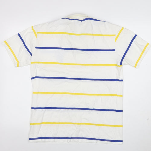 100% Wolves Men's White Striped Rugby Polo Shirt L Cotton Short Sleeve
