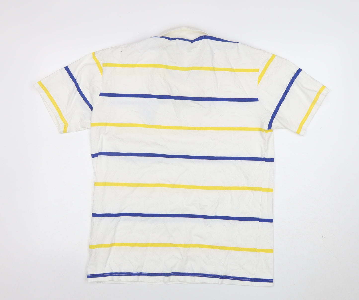 100% Wolves Men's White Striped Rugby Polo Shirt L Cotton Short Sleeve