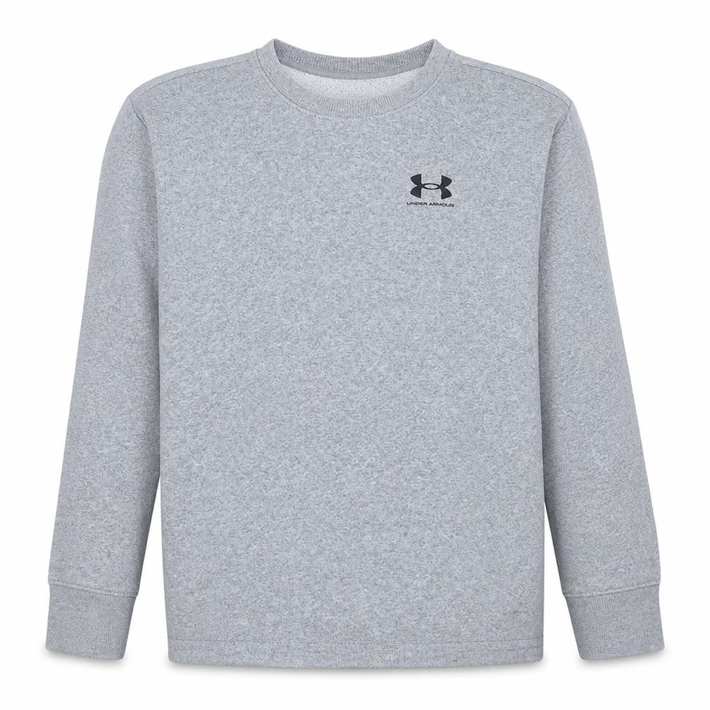 Front view of Under Armour men’s grey crew neck sweatshirt medium loose fit