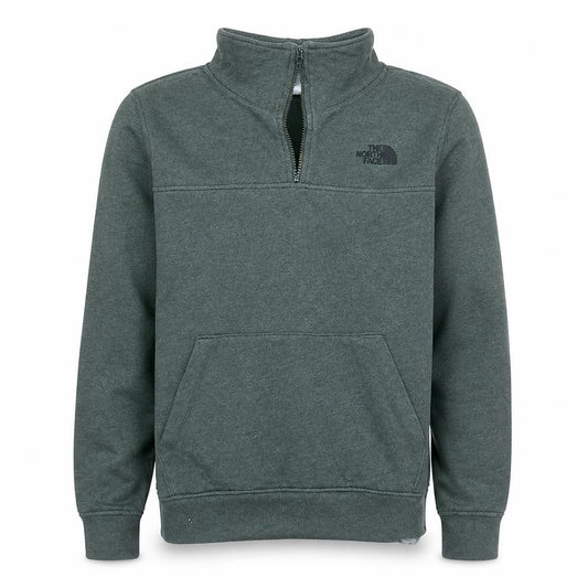 Front view of The North Face men’s grey small 1/4 zip fleece sweatshirt