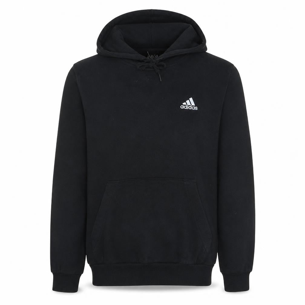Front view of Adidas Men's Black Small Pullover Hoodie with Logo and Drawstring
