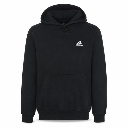 Front view of Adidas Men's Black Small Pullover Hoodie with Logo and Drawstring