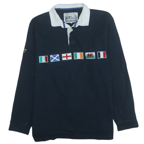 Rugby Men's Blue Embroidered Flag Long Sleeve Polo Shirt XL