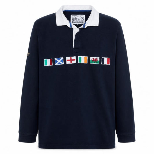 Front view of Rugby Men's Blue Embroidered Flag Long Sleeve Polo Shirt XL