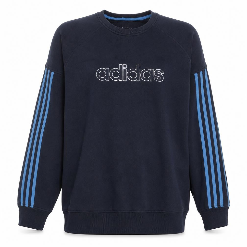 Front view of Adidas Men Blue Logo Pullover Sweatshirt Crew Neck Long Sleeve M