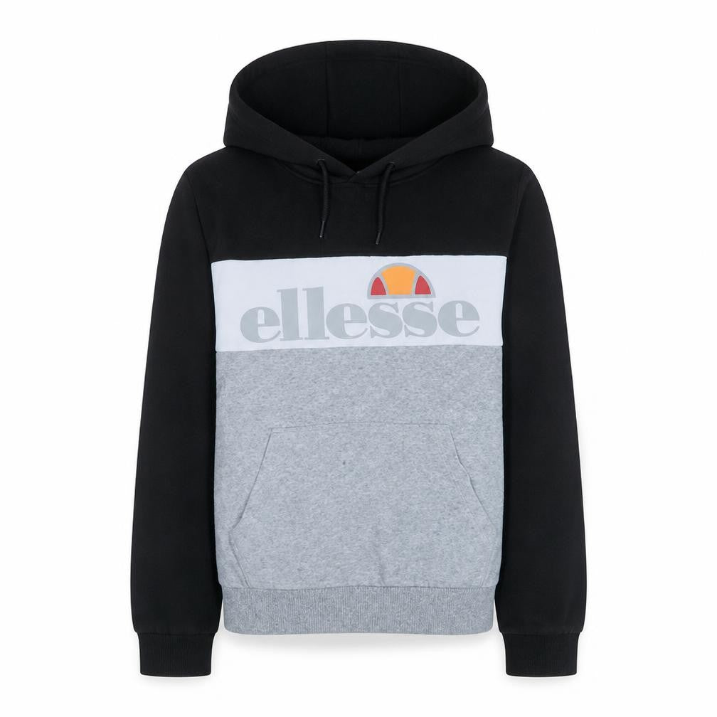 Front view of Ellesse boys’ black grey colourblock pullover hoodie 13-14 years cotton blend