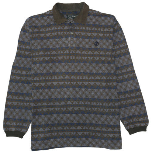 Timberland Men's Brown Geometric Long Sleeve Cotton Polo M