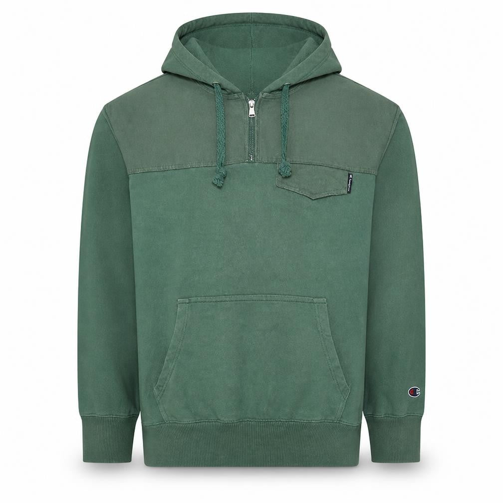 Front view of Champion men’s green medium 1/4 zip hoodie pullover fleece sweatshirt