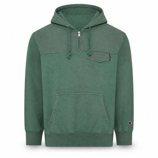 Front view of Champion men’s green medium 1/4 zip hoodie pullover fleece sweatshirt
