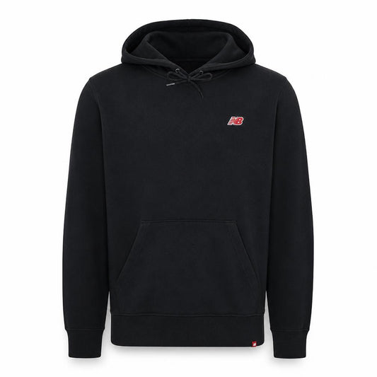 Front view of New Balance men’s black small pullover hoodie fleece graphic logo
