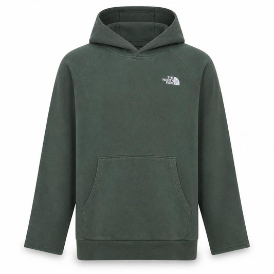 Front view of The North Face men’s green pullover hoodie, size M, outdoor fleece