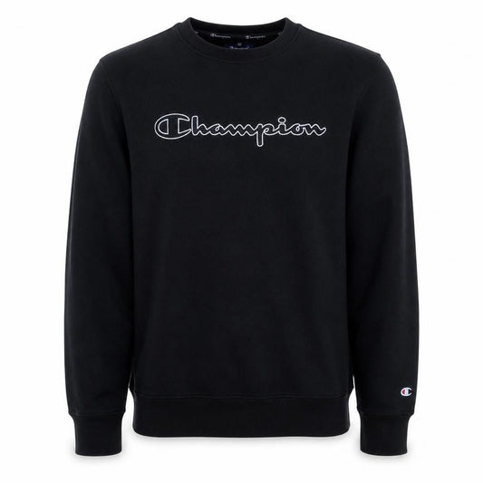 Front view of Champion Men's Black Small Crew Neck Pullover Logo Sweatshirt