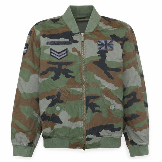 Front view of Bomboogie Men's Green Camouflage Bomber Jacket, size L, Cotton Military Style