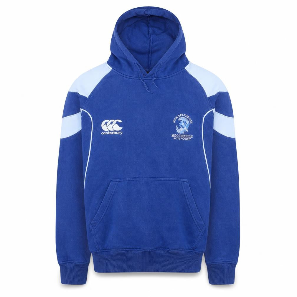 Front view of Canterbury Men’s Blue Pullover Rugby Hoodie, size S, Kelvinside Academy
