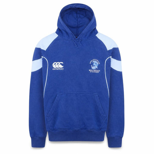 Front view of Canterbury Men’s Blue Pullover Rugby Hoodie, size S, Kelvinside Academy