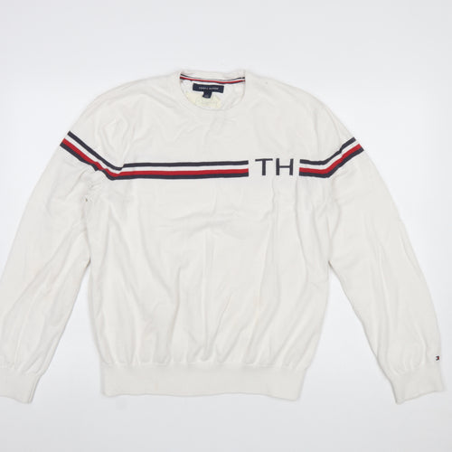 Tommy Hilfiger Men’s White Striped Logo Pullover Jumper Size L