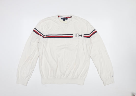 Tommy Hilfiger Men’s White Striped Logo Pullover Jumper Size L