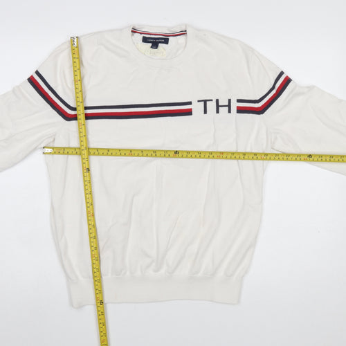 Tommy Hilfiger Men’s White Striped Logo Pullover Jumper Size L