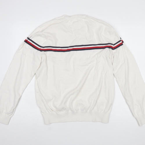 Tommy Hilfiger Men’s White Striped Logo Pullover Jumper Size L