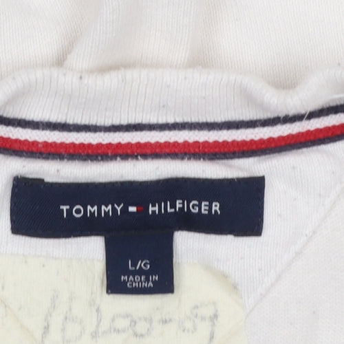 Tommy Hilfiger Men’s White Striped Logo Pullover Jumper Size L