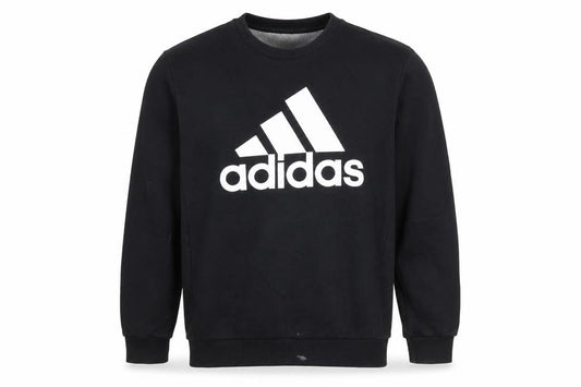 Front view of Adidas men’s black crew neck logo sweatshirt, size M, regular fit