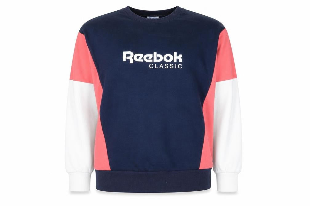 Front view of Reebok Classic Women's Navy Pink Colourblock Pullover Sweatshirt XS