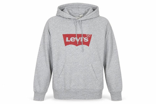 Front view of Levi's Men's Grey Pullover Hoodie Medium Logo Fleece Sweatshirt
