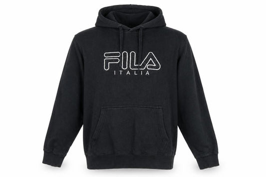 Front view of Fila Men's Black Logo Pullover Hoodie, size L, Regular Fit