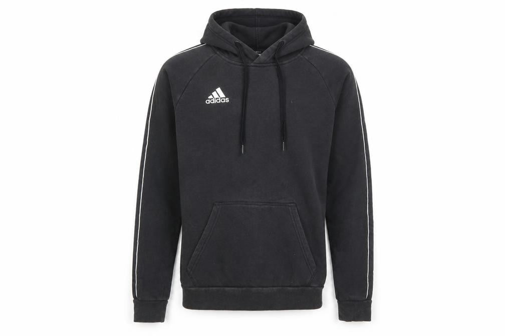 Front view of Adidas Men's Black XS Pullover Hoodie with Logo and Pockets