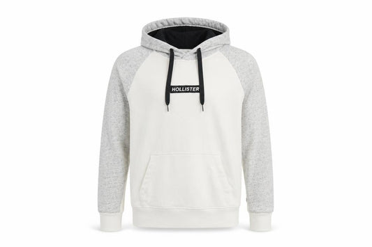 Front view of Hollister men’s white grey pullover hoodie, size M, regular fit fleece