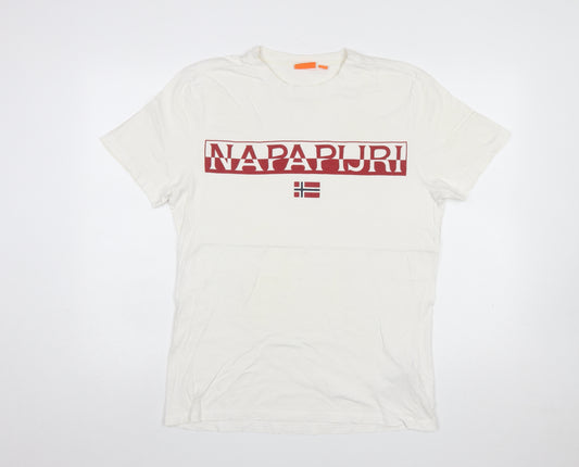 Napapijri Men’s White Logo Flag Crew Neck Cotton T-Shirt L