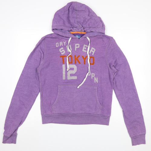 Superdry Women Purple Pullover Hoodie L Logo Tokyo Print Cotton Blend