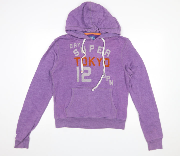 Superdry Women Purple Pullover Hoodie L Logo Tokyo Print Cotton Blend