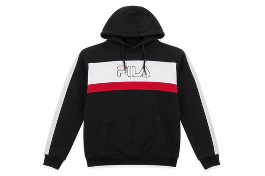 Front view of Fila Men's Black M Pullover Hoodie with Logo and Red Stripe