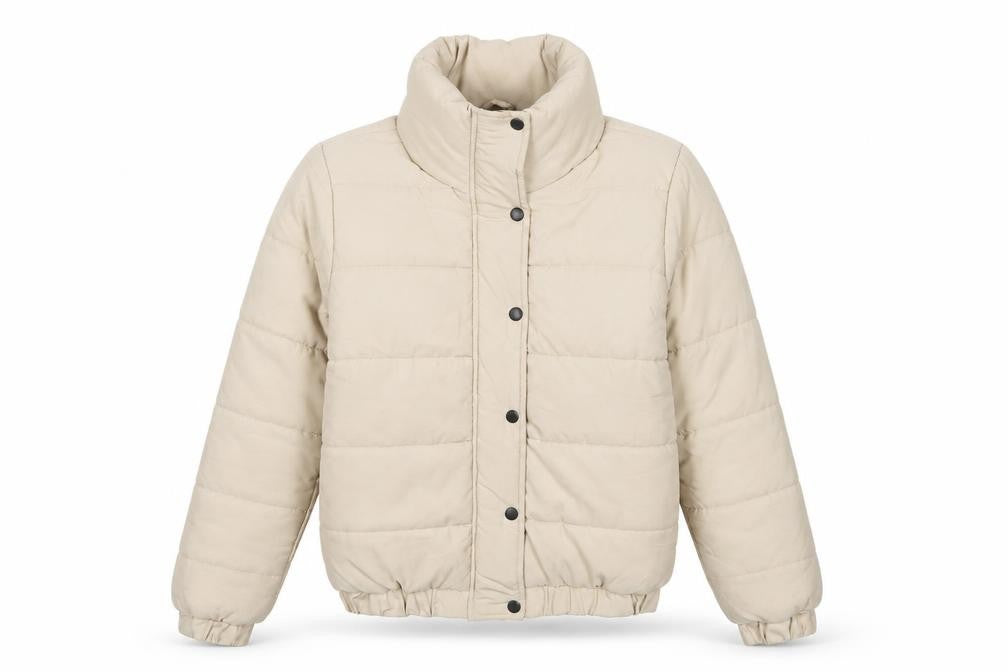 Front view of boohoo women’s beige puffer jacket, size UK 8, short quilted winter coat
