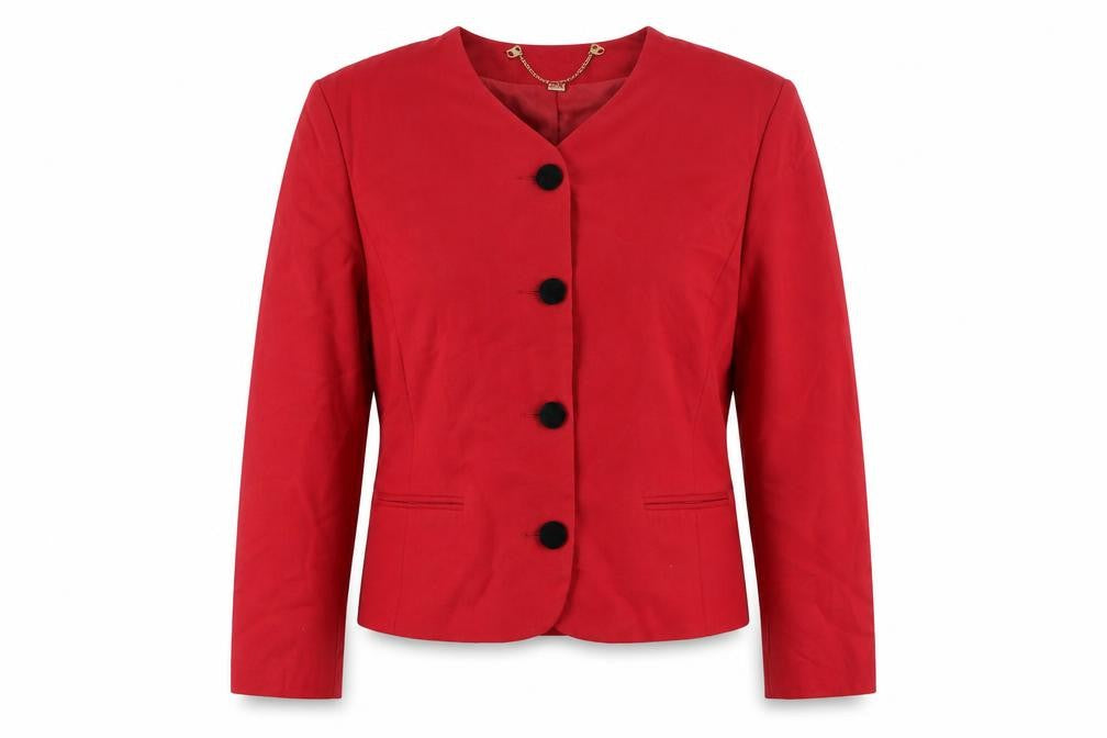 Front view of First Avenue Women's Red Wool Blazer Jacket, size 12, Classic Workwear