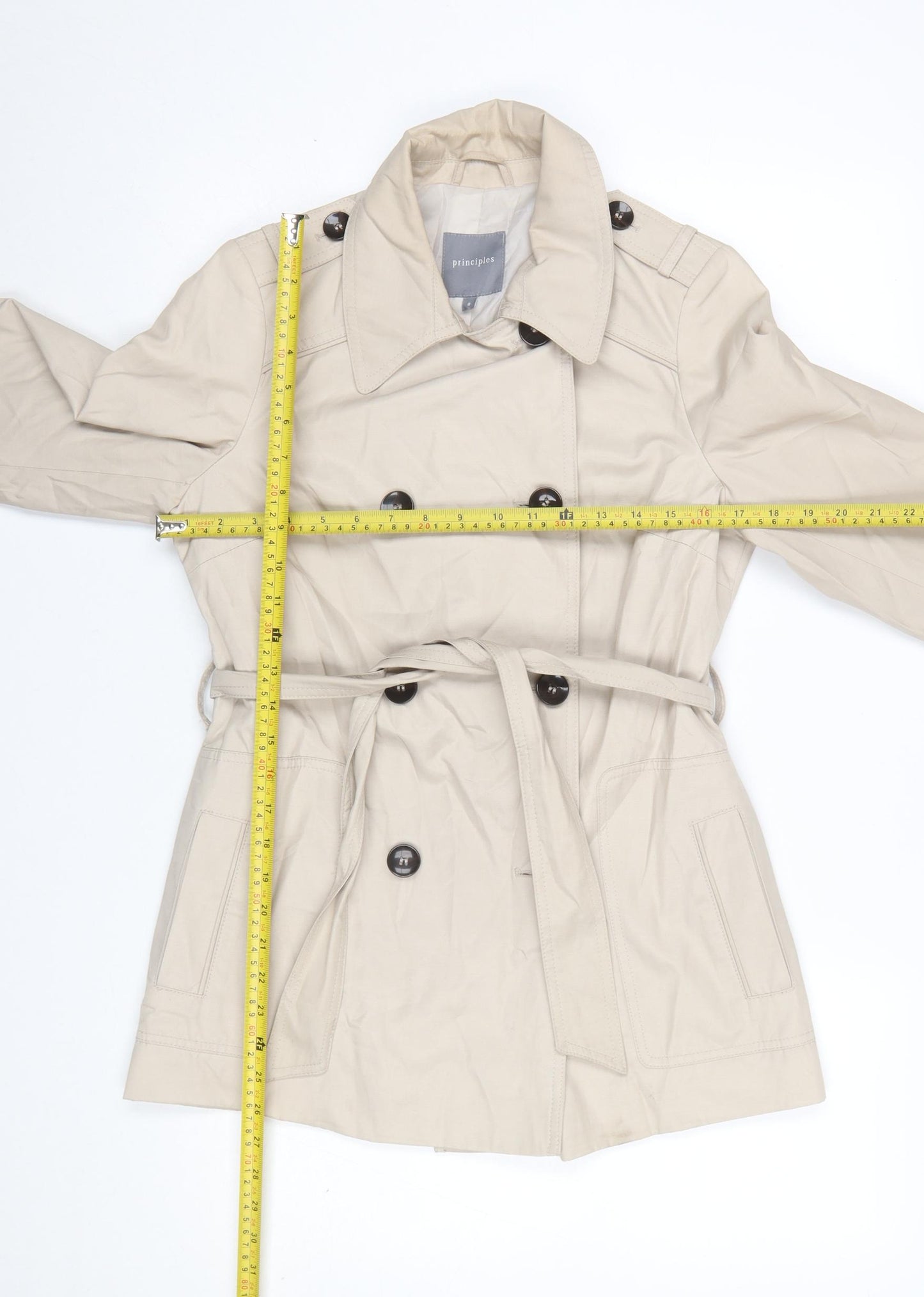Principles Women's Beige Trench Coat Size 8 Belted Lightweight Cotton Blend