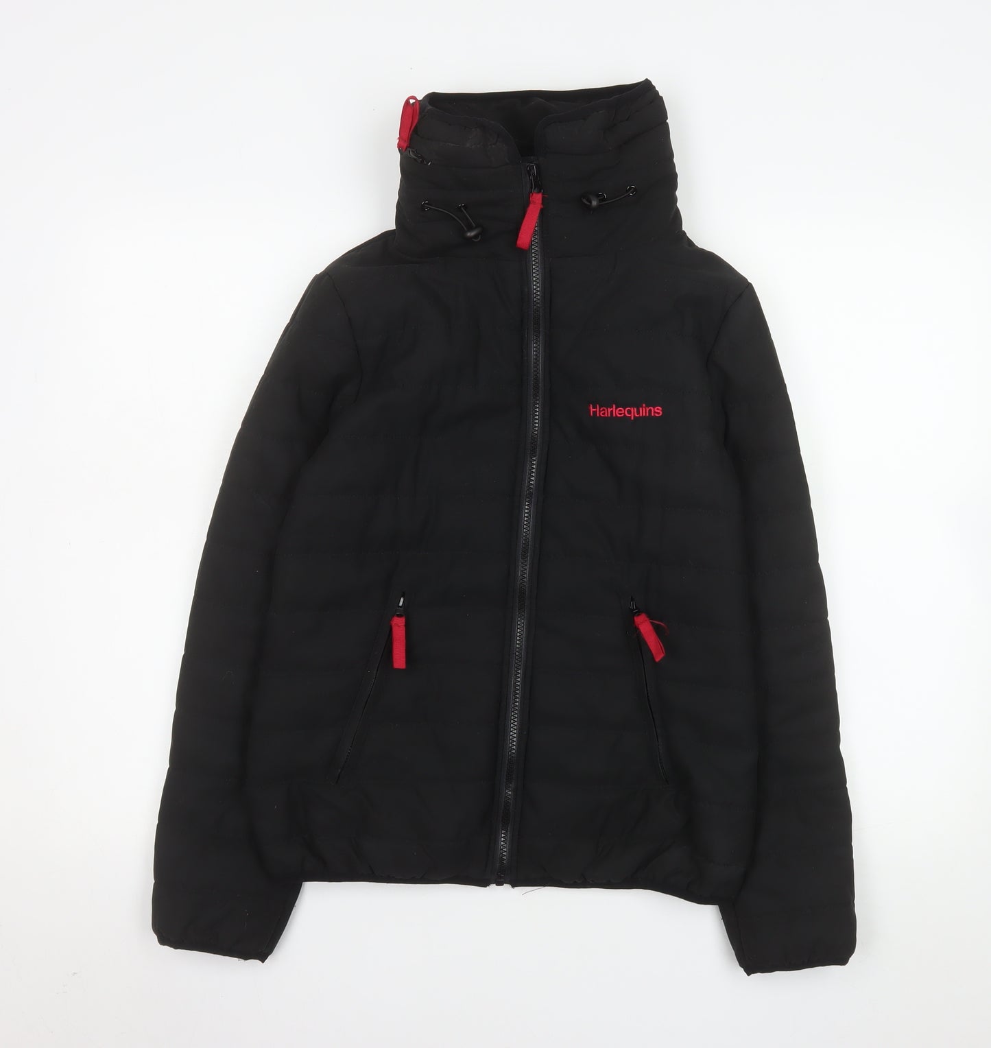 Harlequins Womens Black Hooded Puffer Jacket M Polyester Zip