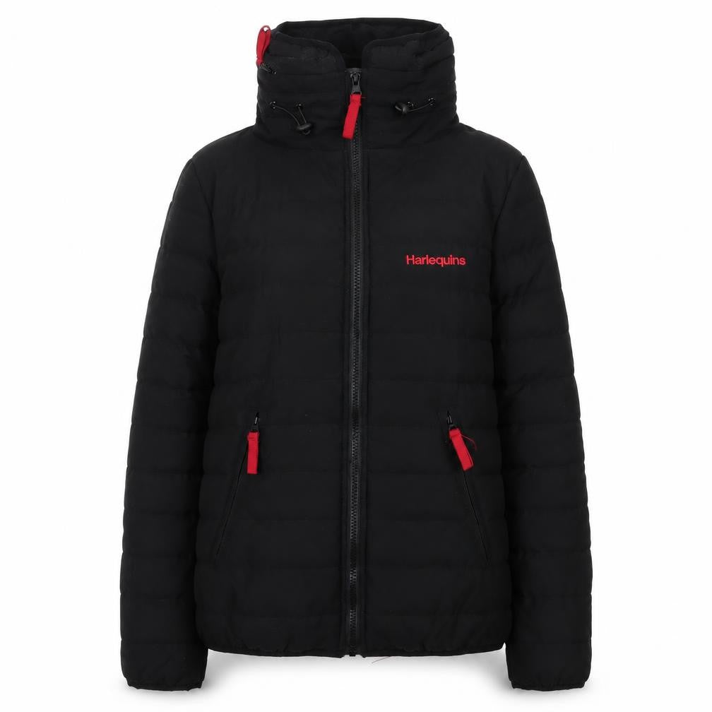 Front view of Harlequins women’s black hooded puffer jacket m polyester zip