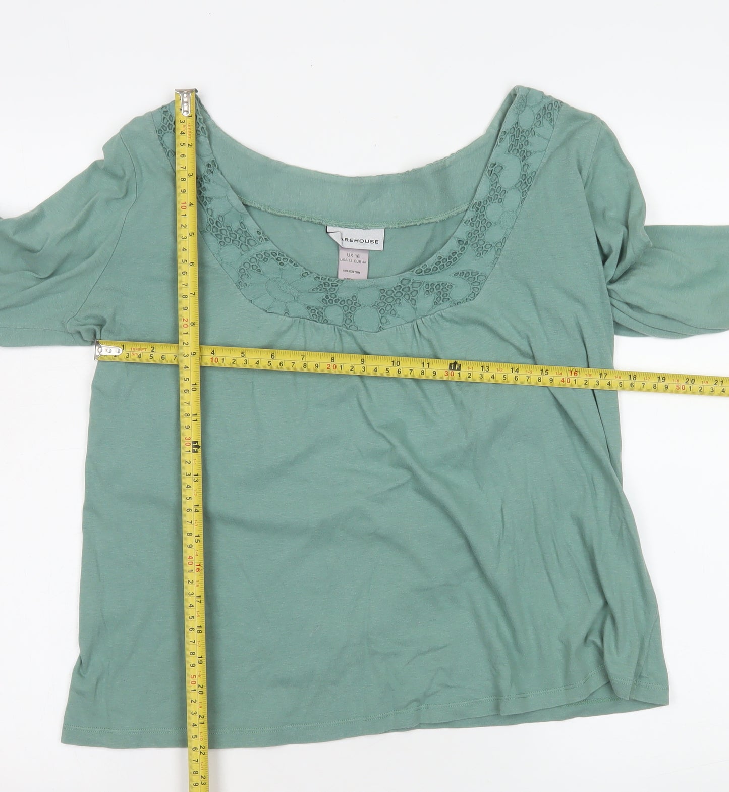 Warehouse Women’s Green Cotton Long Sleeve Crochet Blouse Size 16