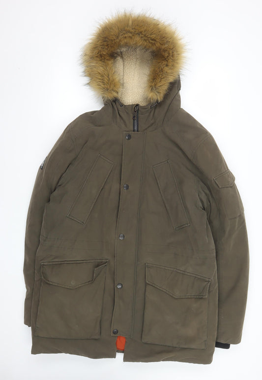 Next Men's Green Parka Coat M Faux Fur Hood Winter Jacket