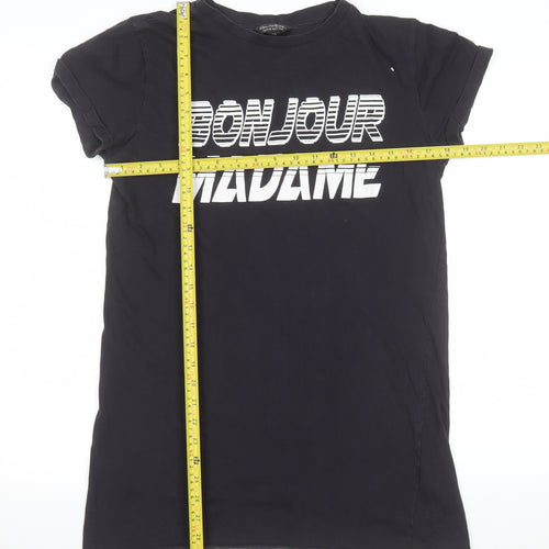 Miss Selfridge Women's Black Bonjour Madame Cotton T-Shirt Size 8