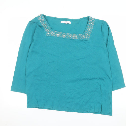 Julipa Women Blue Cotton 3/4 Sleeve Square Neck Beaded Blouse UK 18